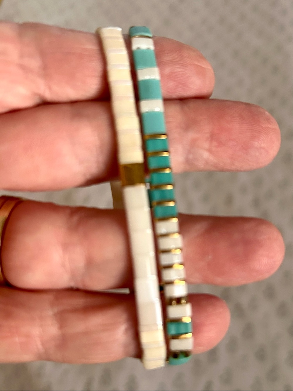 Stackable Small Turquoise and White Tile Bead Bracelets with Gold Accents